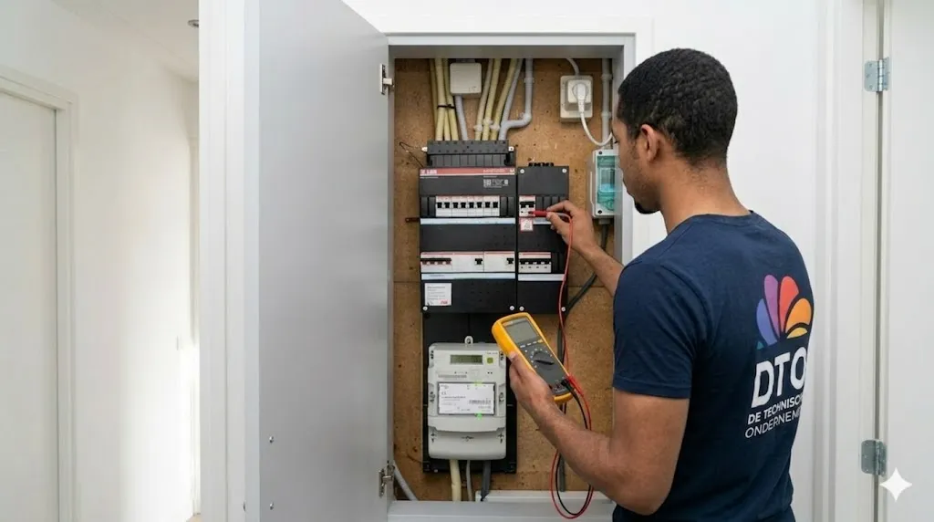 DTO monteur bij groepenkast met Fluke meter